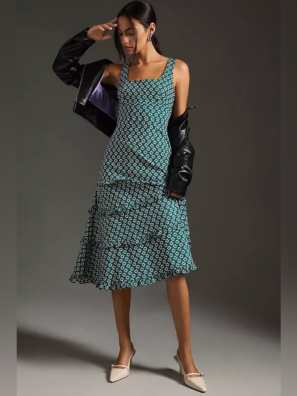Anthropologie Floral Tiered Midi Dress in Teal